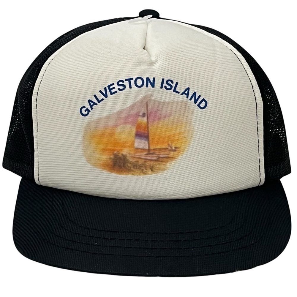 Galveston Island Art on Black & White Adjustable Snap Back Trucker Hat